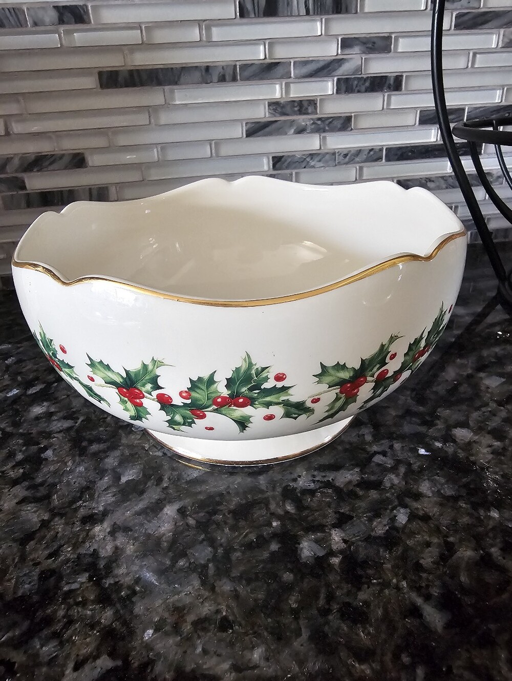 Vintage Teleflora Holiday Holly Ceramic Serving Bowl with Gold Trim
